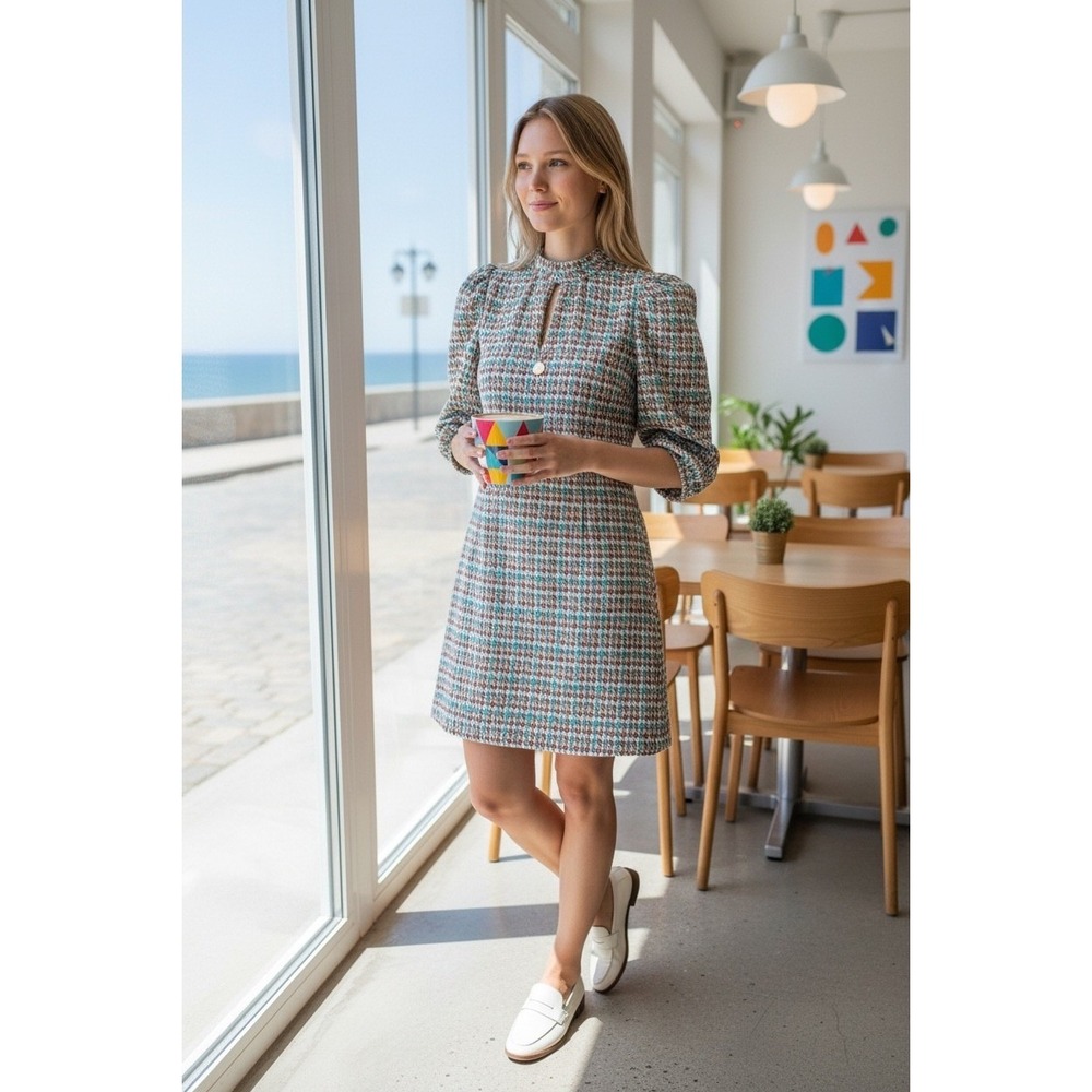 Tyler Boe Houndstooth Dress XS Teal Puff Sleeve Coquette Academia Chic